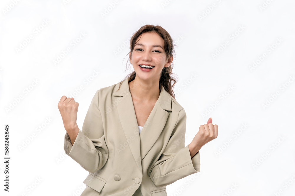 Portrait photo of young beautiful Asian woman feeling happy or surprise shock on white background can use for advertising or product presenting concept. People expression pose portrait concept. Portrait photo of young beautiful Asian woman feeling happy or surprise shock on white background can use for advertising or product presenting concept. People expression pose portrait concept.
