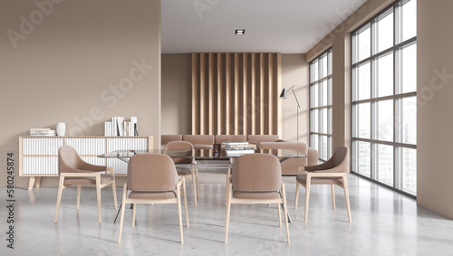 Beige living room interior with dining and relax area, panoramic window © ImageFlow