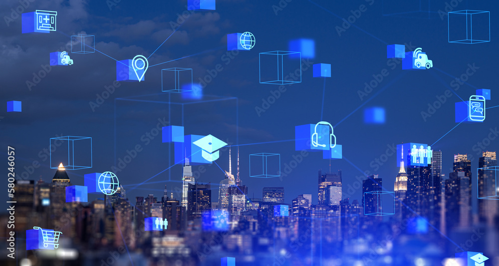 New York skyline and IOT with digital icons, smart devices and business technology New York skyline and IOT with digital icons, smart devices and business technology