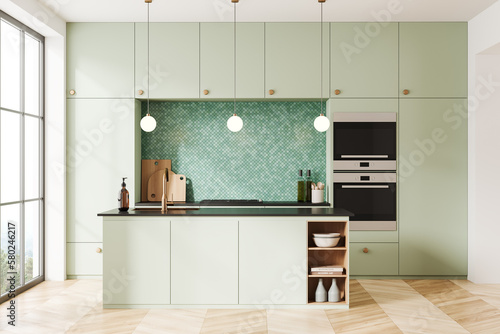 Green mosaic kitchen interior with island photo