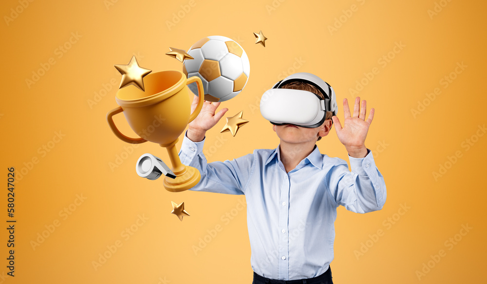 Boy in VR glasses, sport simulator