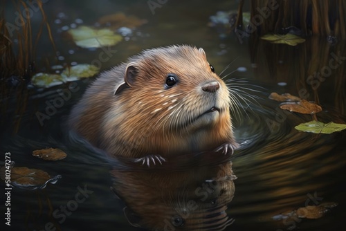 A picture of an ondatra zibethicus muskrat, a rodent that lives in wetlands. Muskrat, Ondatra zibethicus, a rodent that lives in water, in its natural habitat. Generative AI