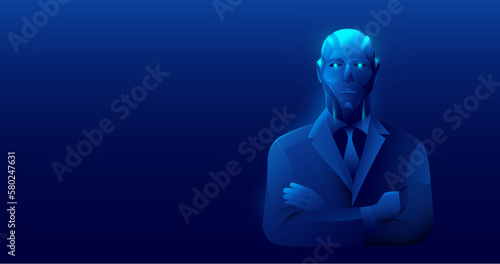 Business job applicants compete with robots. robot technology for jobs. AI, artificial intelligence. Vector illustration