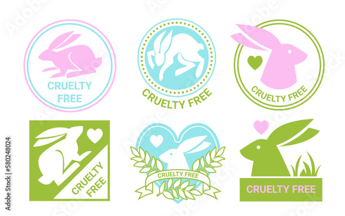 Cruelty-free logos and icons. Vector illustration of green circular and heart-shaped badges with a rabbit and leaf. Used for labeling natural products not tested on animals