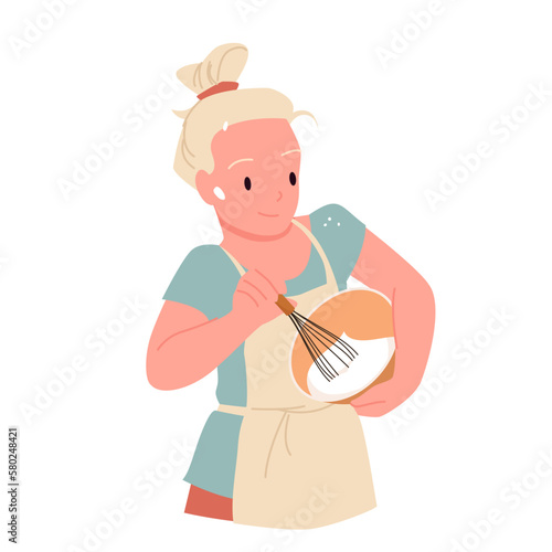 Girl mixing dough in bowl with whisk vector illustration. Cartoon woman in chefs apron holding kitchen utensils in hands, female baker character cooking homemade cake at home, whipping egg or cream