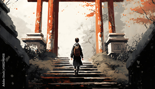 The Wanderer: Vector Illustration of a Young Boy Journeying Up the Stairs to the Torii Gate, Generative AI