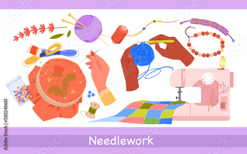 Needlework banner design template vector illustration. Cartoon hands embroidering flower drawing with needle and thread, knitting crochet, diy tools and sewing machine for handicraft, artisan workshop