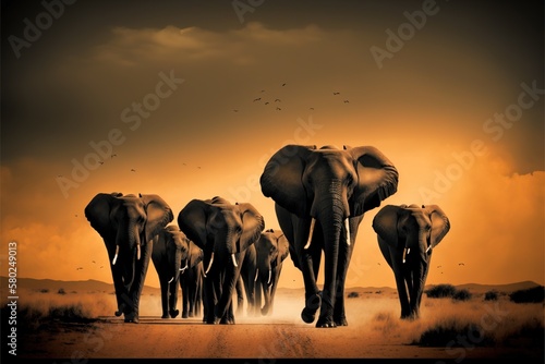 A group of elephants. A beautiful photo to print on the wall. Printable artwork. Background or wallpaper.  Generative AI