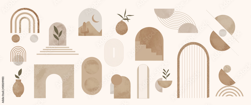 Hand drawn abstract minimal element mid century vector set. Aesthetic contemporary stripe line art, watercolor geometric shapes in nude colors. Art form design for wall art, decoration, wallpaper. Hand drawn abstract minimal element mid century vector set. Aesthetic contemporary stripe line art, watercolor geometric shapes in nude colors. Art form design for wall art, decoration, wallpaper.
