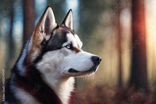 Close up portrait of a Siberian Husky dog, showing the dog's head from the side. The dog's coat is red and white, and its eyes are blue. It is a breed of sled dog. Husky dog out for a walk, blurry gre © AkuAku