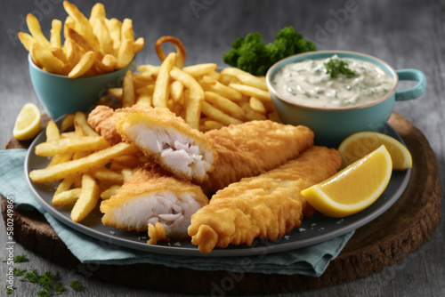 Illustration of British traditional fish and chips with tartar sauce. fast food, unhealthy food menu. Image created with Generative AI technology.