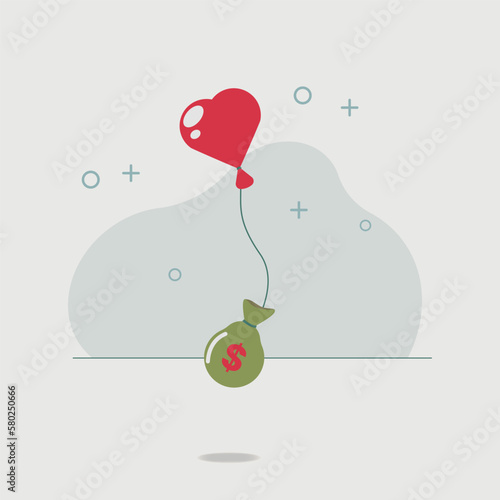 Money flying with heart shaped balloon, love money but even lost money concept