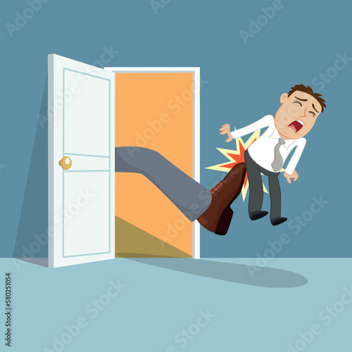 Businessman Being kicked out of the door, Dismissed from his job, Boss kick,illustration vector cartoon