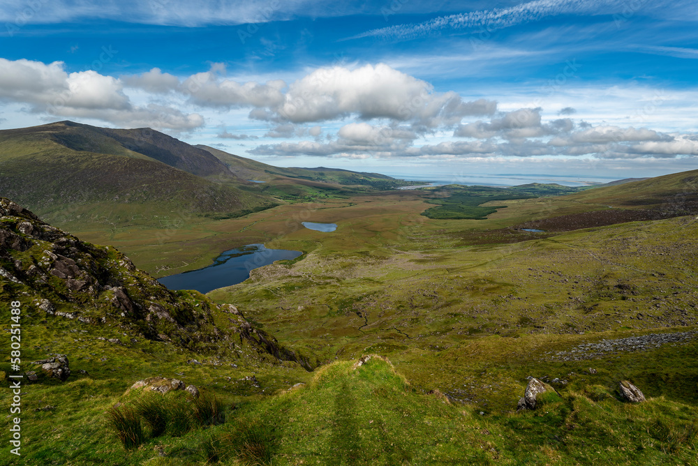 Panoramic view from Conor Pass, Dingle Peninsula, County Kerry, Ireland