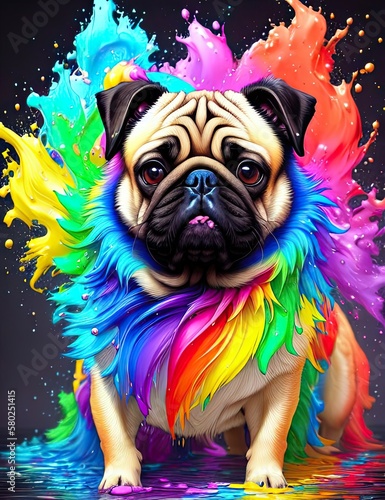Pug dog with rainbow splashes of colors