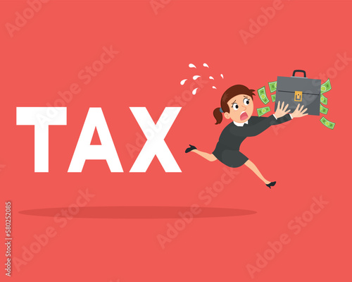 Businesswoman hold money bag to escape taxes, Vector illustration cartoon