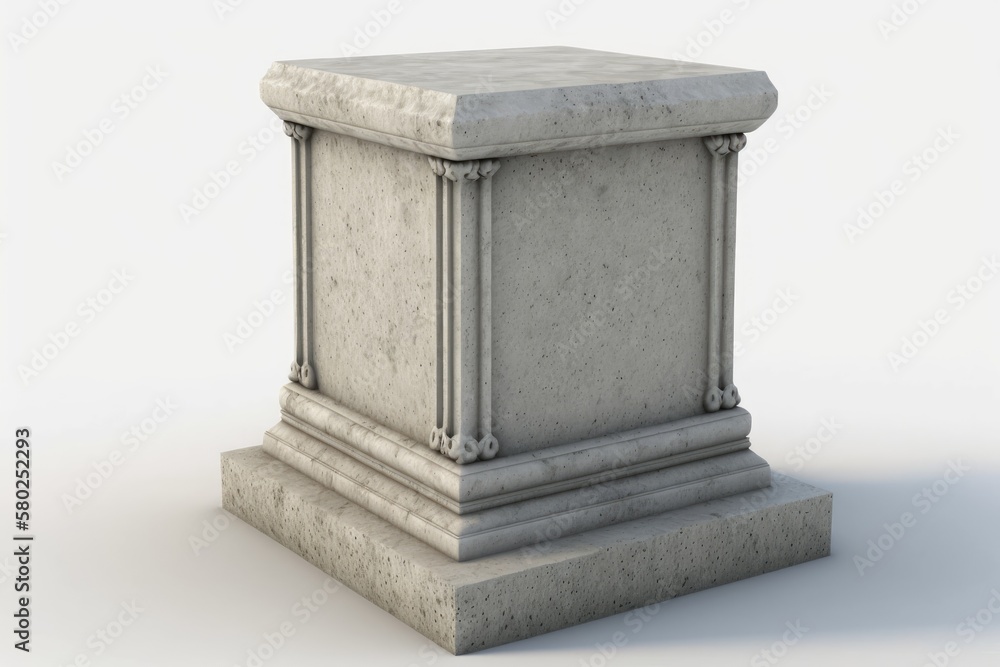 a worn stone podium on a white backdrop, suitable for use in advertising your wares. Generative AI a worn stone podium on a white backdrop, suitable for use in advertising your wares. Generative AI