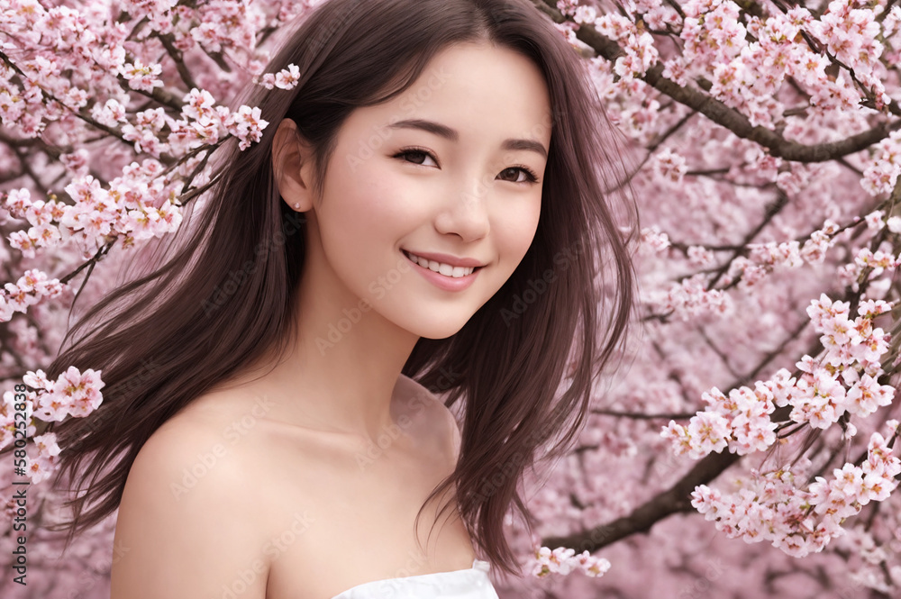 Portrait of a beautiful woman on a background of sakura blossoms. Generative AI. Portrait of a beautiful woman on a background of sakura blossoms. Generative AI.