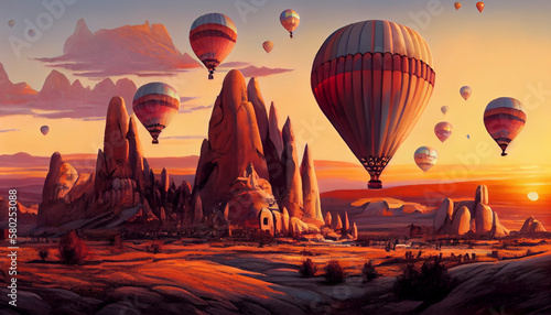 Illustration of hot air balloons flight, Generative AI.