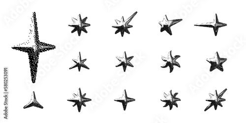 Pixelated Y2K stars vector set isolated on white. Trendy retro futuristic elements for design projects, posters, banners, web design
