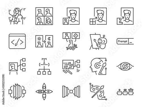 AI image generator icon set. It included icons such as Artificial Intelligence, art, create, textual technology, program, and more.