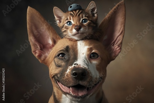 A picture of a happy mixed breed dog with a kitten on his head. Generative AI