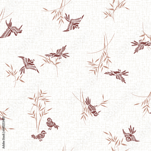 Japanese sparrow and bamboo seamless pattern,