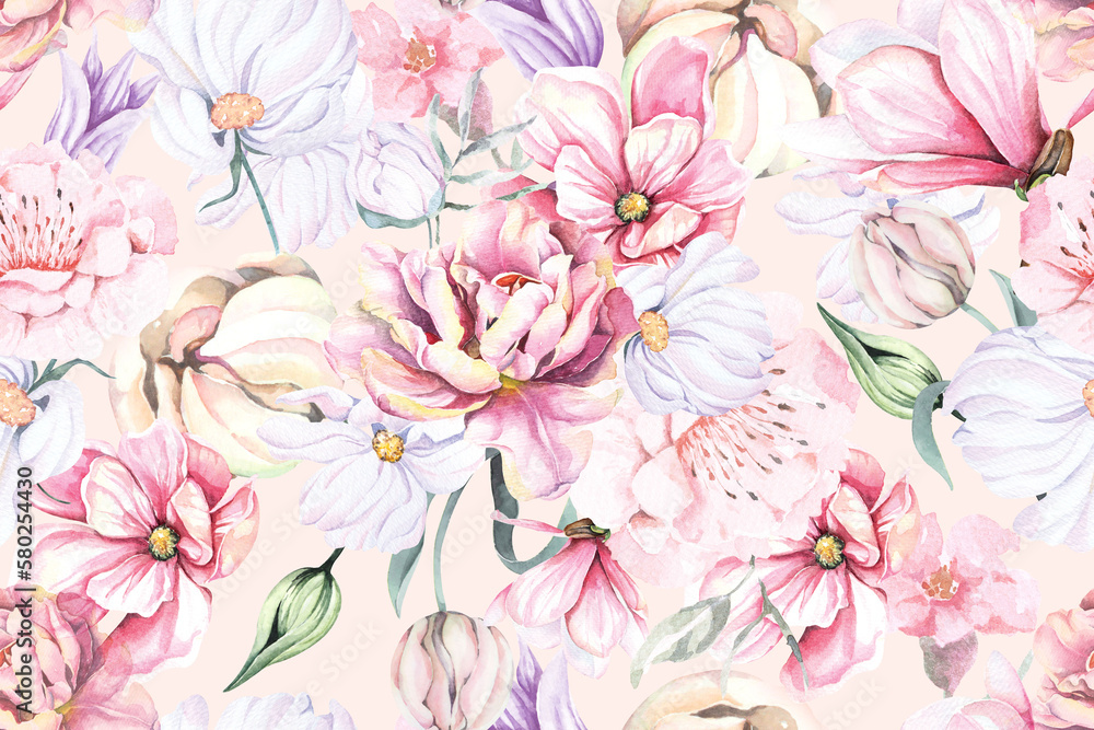 Flower seamless pattern with watercolor.Designed for fabric and wallpaper, vintage style.Blooming floral painting for summer.Botany flower pastel background