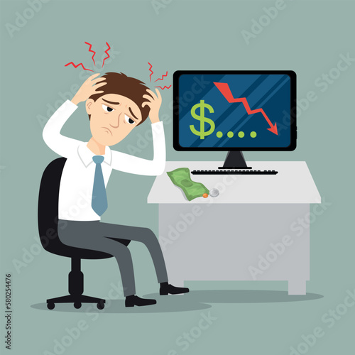 Businessman worried about worse business, Financial banking crisis, Vector illustration