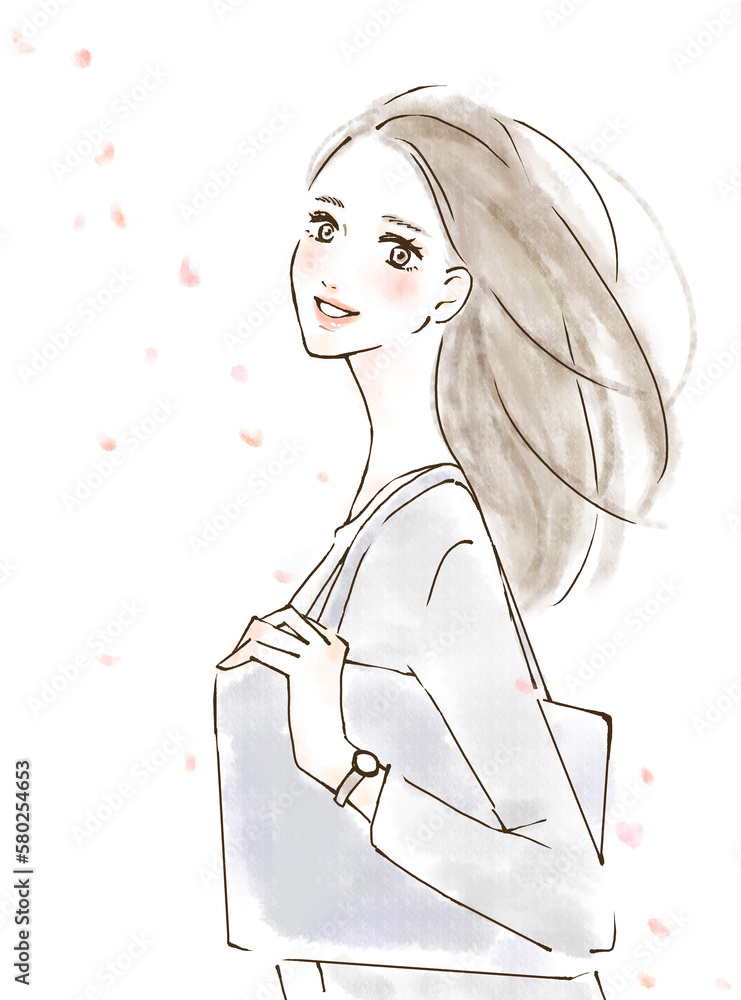 桜背景と新社会人のイラスト