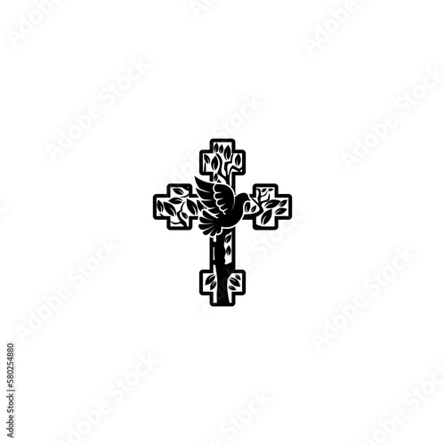 Christianity cross and pigeon bird flying icon isolated on white background