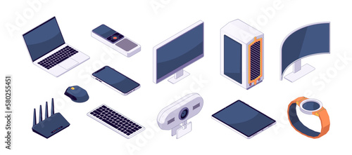 Isometric gadget set. Wireless smart devices laptop Wi-Fi router web camera smart watches mouse keyboard phone and tablet. Vector isolated set. Electronic equipment for work and entertainment