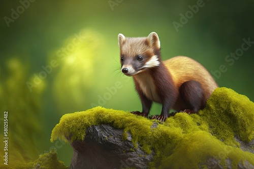 Stone marten, Martes foina, on a clear green background. Detail of a beech marten, a forest animal. A small animal that eats other animals is sitting on a beautiful green moss rock in the forest. Fran photo