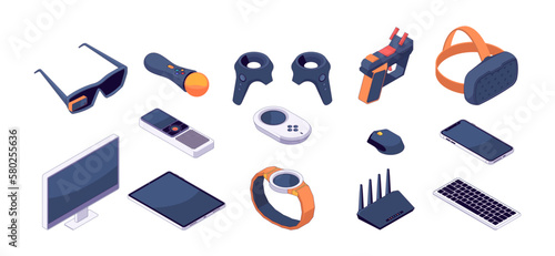 Isometric gaming devices. Joystick and gamepad controllers, VR helmet and AR glasses game accessories. Vector phone tablet and PC isolated set. Smart watch, wi fi router and, electronic technology
