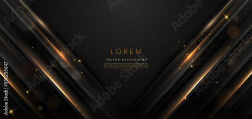Abstract elegant black background with golden line and lighting effect sparkle. Luxury template premium award design.