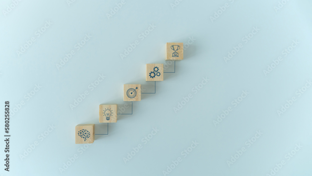 Cube with icon. Business success growth idea. Working and strategy planning in marketing and management, education knowledge and cognition learning development Cube with icon. Business success growth idea. Working and strategy planning in marketing and management, education knowledge and cognition learning development