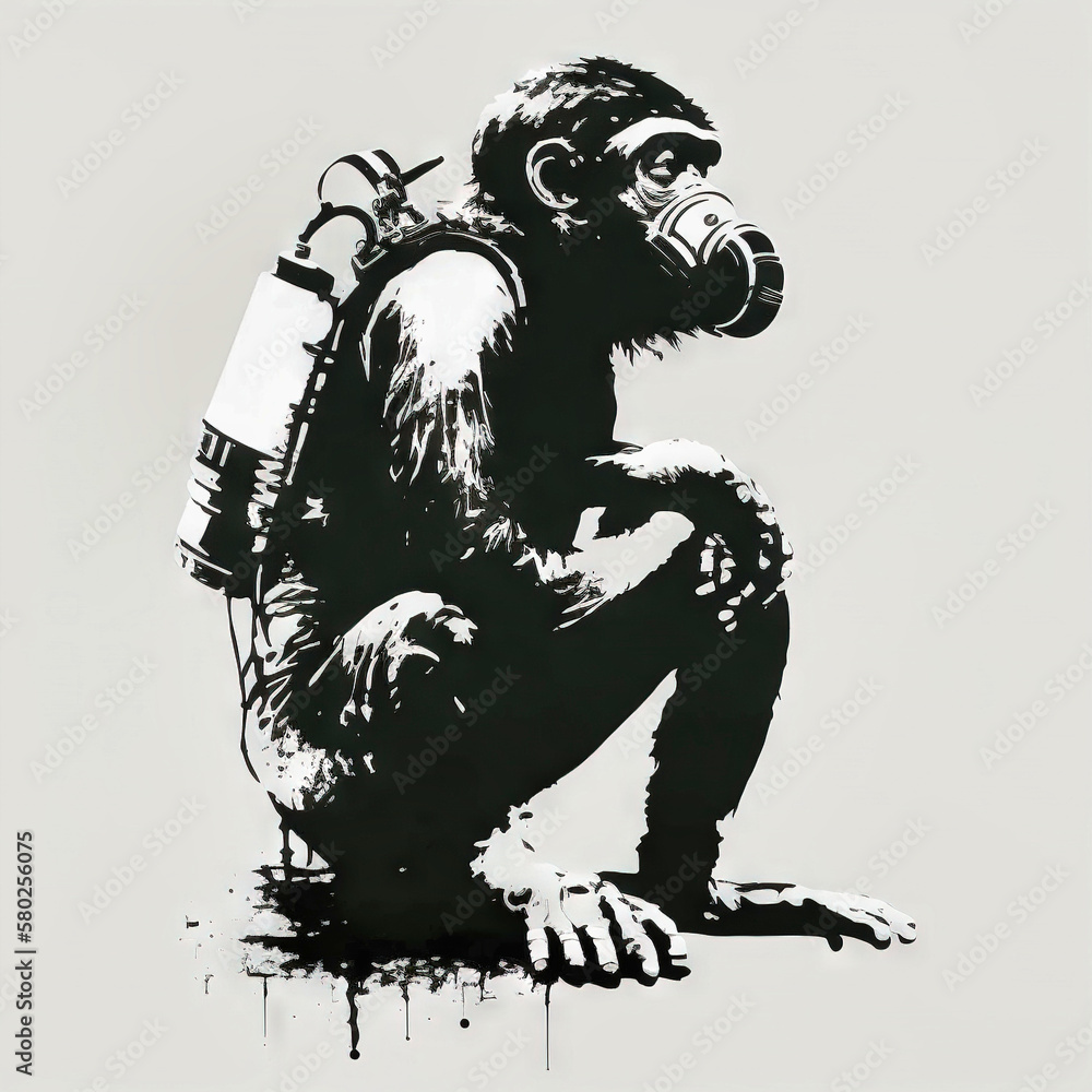 Fototapeta premium DJ monkey with headphones listening to music. Music graphite poster. Background, wallpaper. Printable artwork. Generative AI.