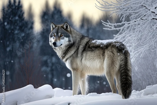 A grey wolf from North America in a winter scene. Generative AI