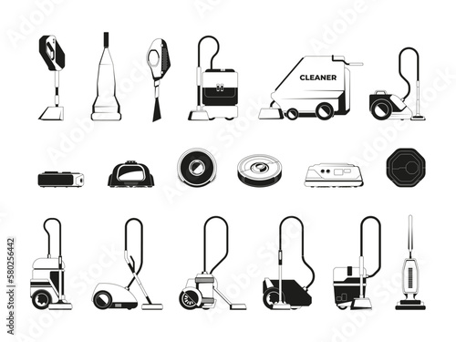 Black vacuum cleaner icon. Washing and cleaning cyclone hoover devices silhouette logo for clean services professional equipment. Vector isolated set. Domestic appliance, electric technology
