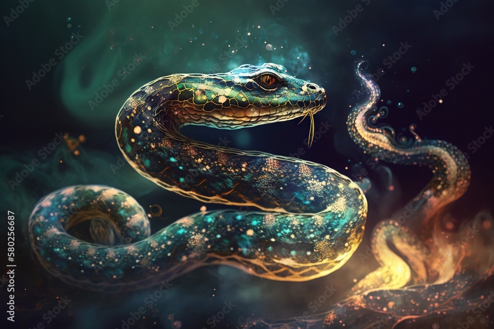 a painting of a snake in the middle of a night sky with stars on its ...