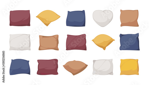 Cartoon pillows. Cozy feather cushions different shapes for bedtime relax, home interior decorative textile bedroom living room decoration. Vector flat set. Cotton comfortable objects