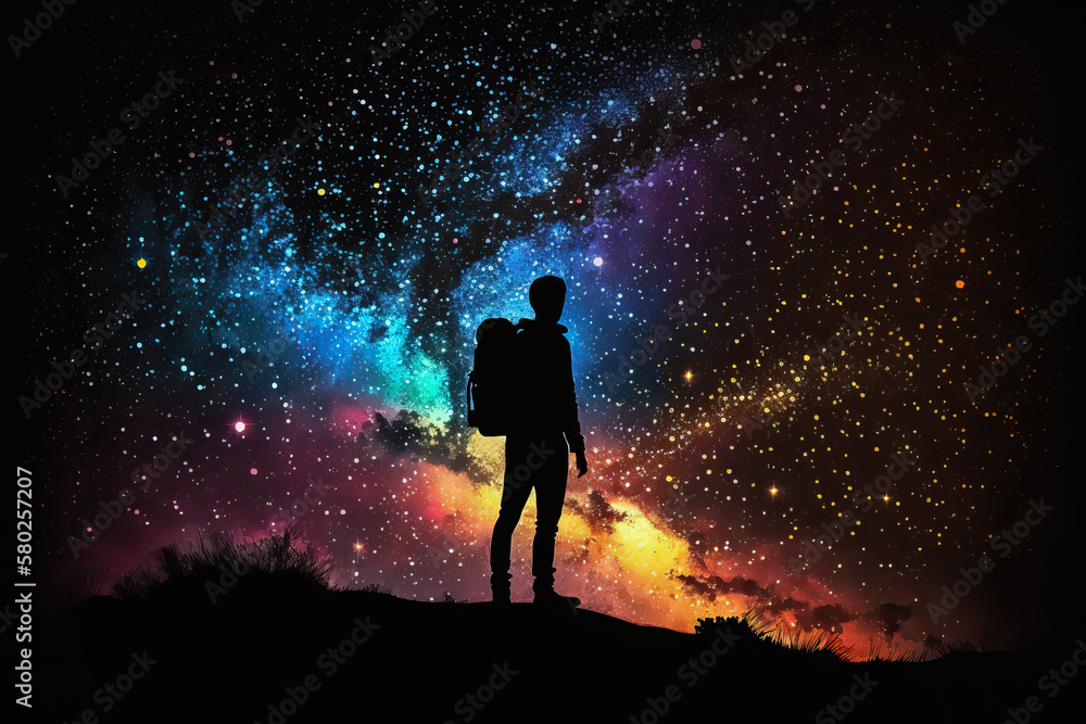 The silhouette man on the cosmic background of the Universe. Generative Ai