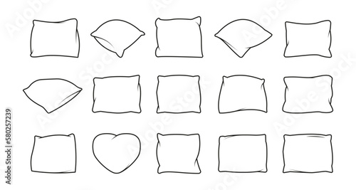 Pillows line icons. Soft cushions for sleeping, comfortable neck support orthopedic different shaped bed decoration thin linear style. Vector outline set. Sofa interior decor of different shape