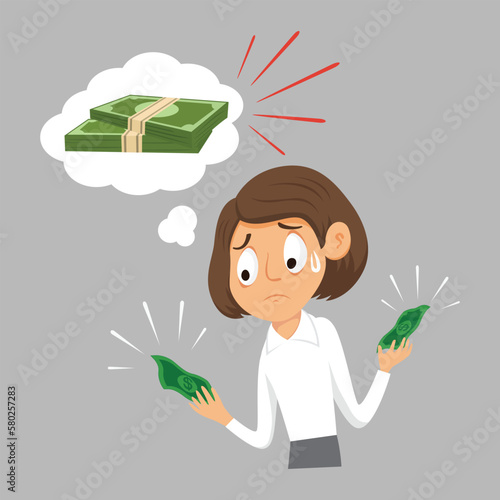 Female employee holding a small amount of money, Financial banking crisis, Vector illustration