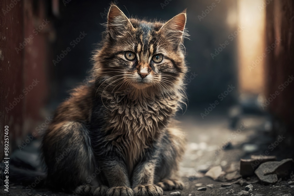 A stray cat. A picture of a dirty, homeless cat. Animals are homeless. Depth of field is small. A stray cat left behind. Generative AI
