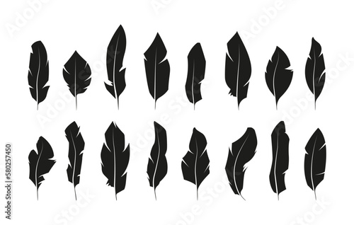 Black feather shape. Weightless bird plume icons, simple quill silhouette, soft fluffy curved wing plumelet for logo web design. Vector isolated set. Elegant lightweight feather, pen for writing