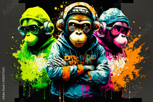 DJ monkey with headphones listening to music. Music graphite poster. Background, wallpaper. Printable artwork. Generative AI. photo