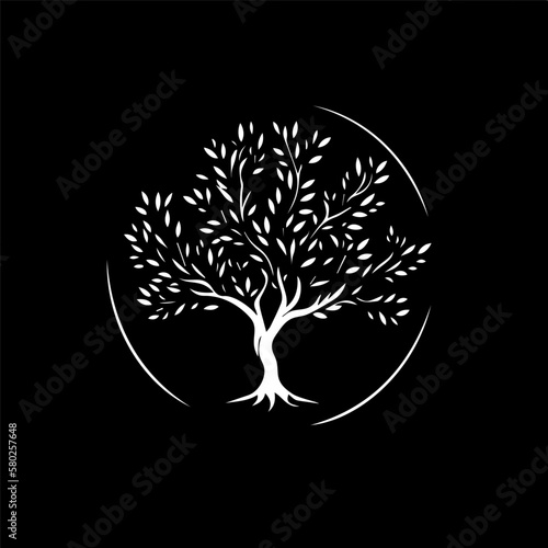 White icon of tree silhouette on black background, wise symbol, education sign, boho logo concept, t-shirts print, tattoo template. Vector illustration