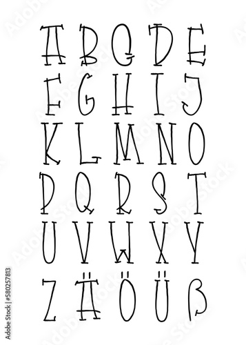 Hand drawn alphabet german ABC set. Deutsch letters isolated on white. Stock vector illustration.