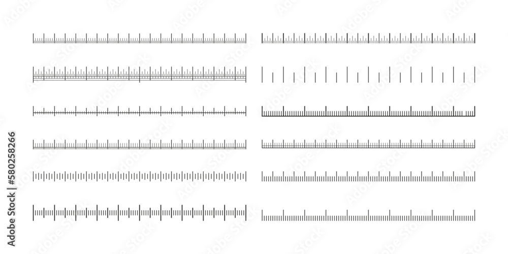 Measuring scales. Line ruler tape with meter centimeter inch marks, measurement equipment with size indicators, math geometric tools. Vector isolated set. Accurate length, education concept Measuring scales. Line ruler tape with meter centimeter inch marks, measurement equipment with size indicators, math geometric tools. Vector isolated set. Accurate length, education concept